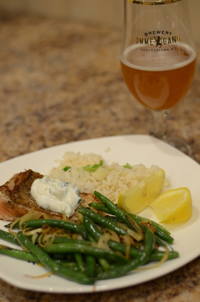 Dinner is served! I realized later that my salmon was incorrectly placed here with the skin side up.